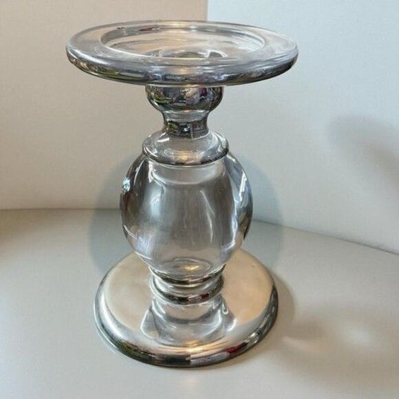 Vintage Crystal & Silver Bubble Glass Pillar Taper Candle Holder 6” - Picture 8 of 9